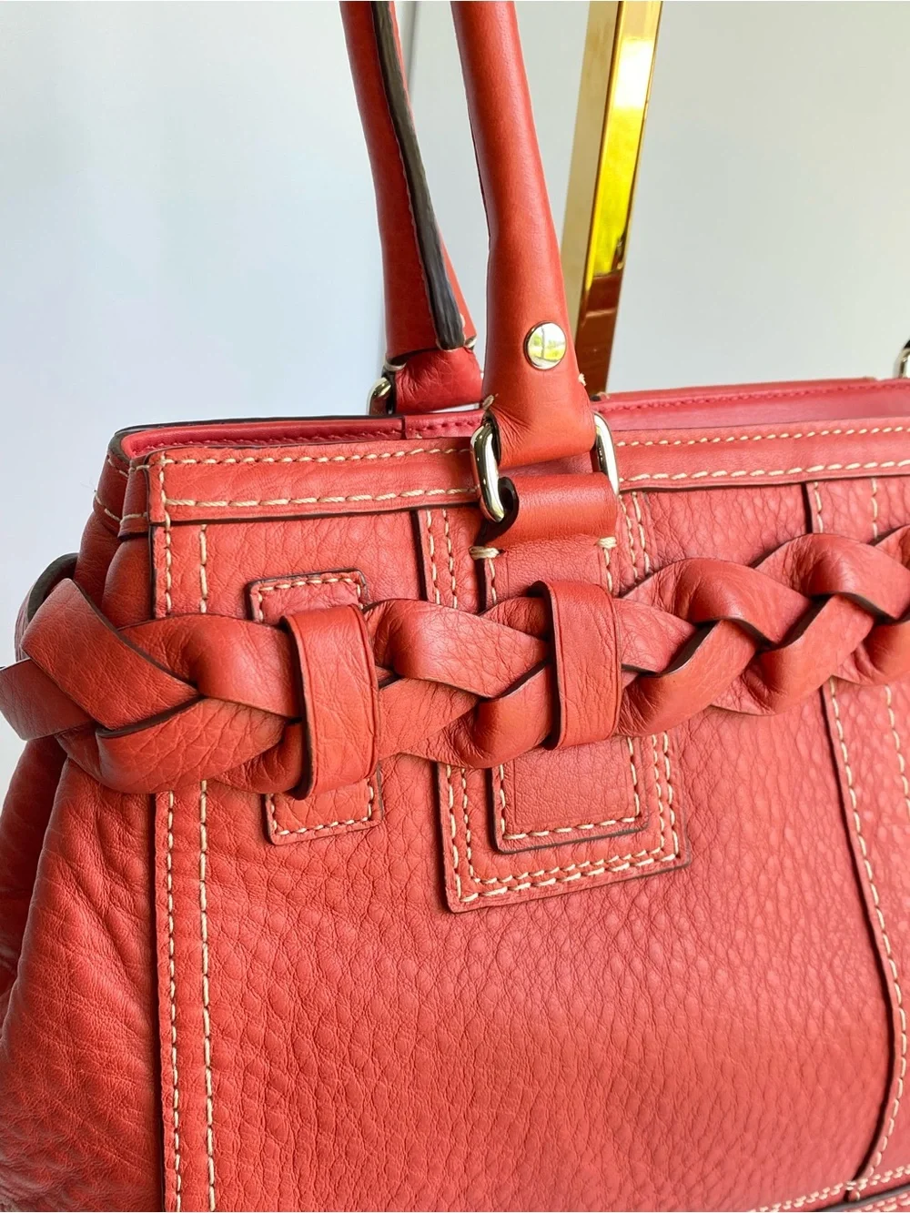 Coach Hamilton Braided Belted Leather Carryall in Coral Salmon